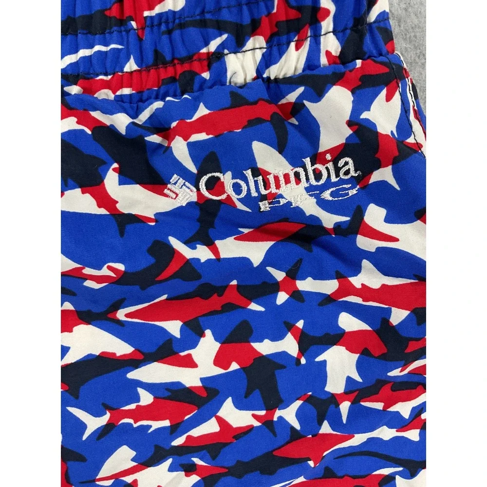 Columbia PFG Mens Shark Print Swim Trunks Red White Blue L 14/16 Omni-Shade 2655